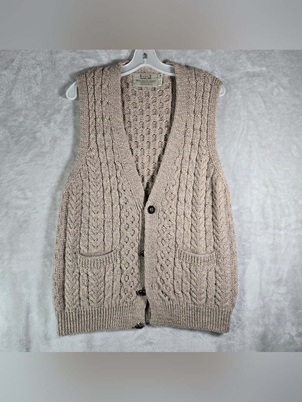 Aran Sweater Market Knit Vest Mens Medium Cream Merino Wool Ireland Cardigan